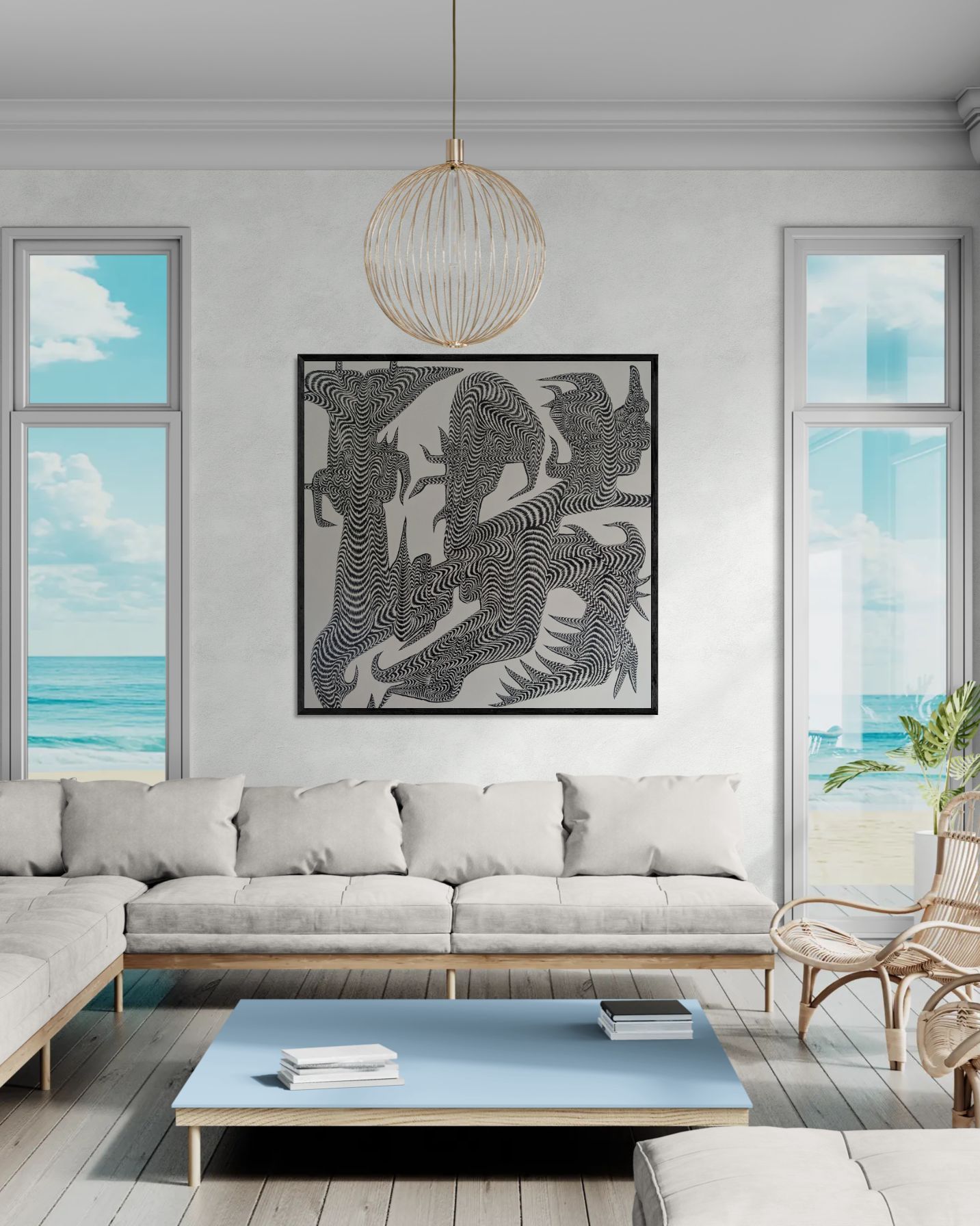 Detailed black-and-white abstract Neozodd painting in a bright coastal living room with ocean views