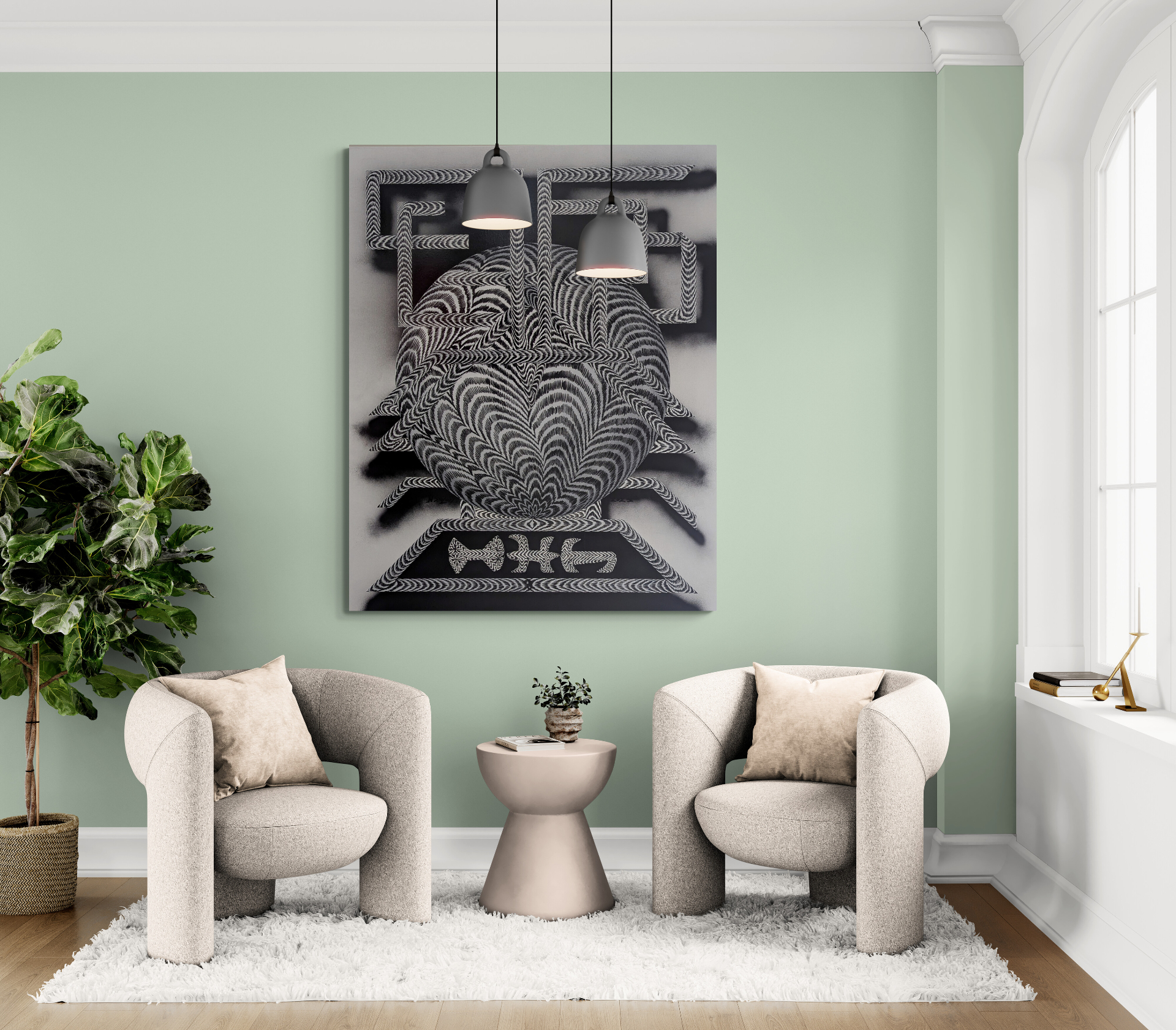 Large avant-garde painting above a beige sofa in a luxury living room