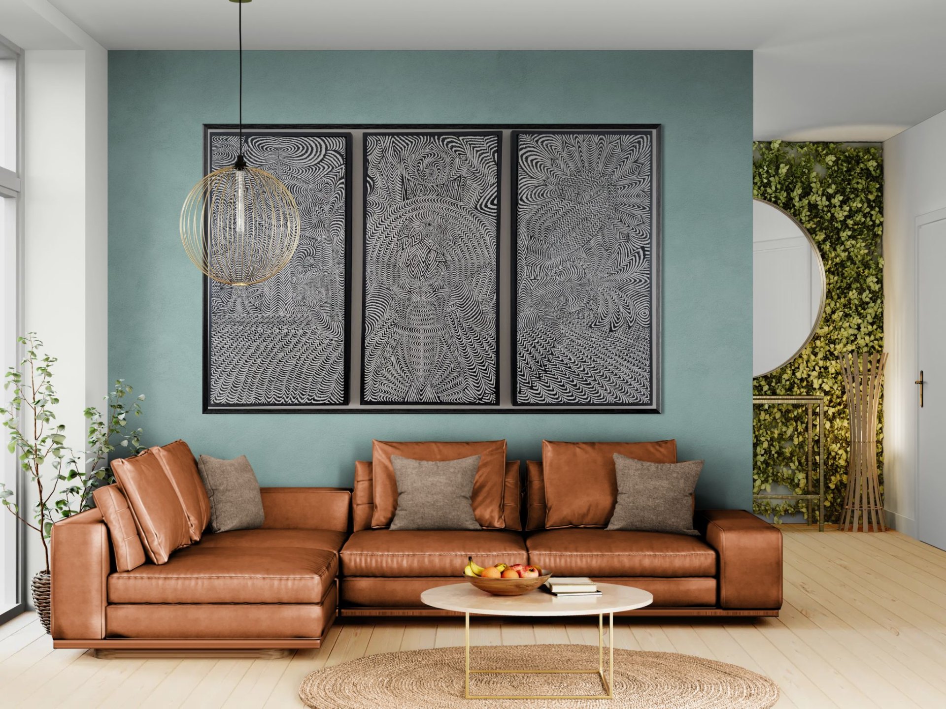 Contemporary artwork above a walnut dining table