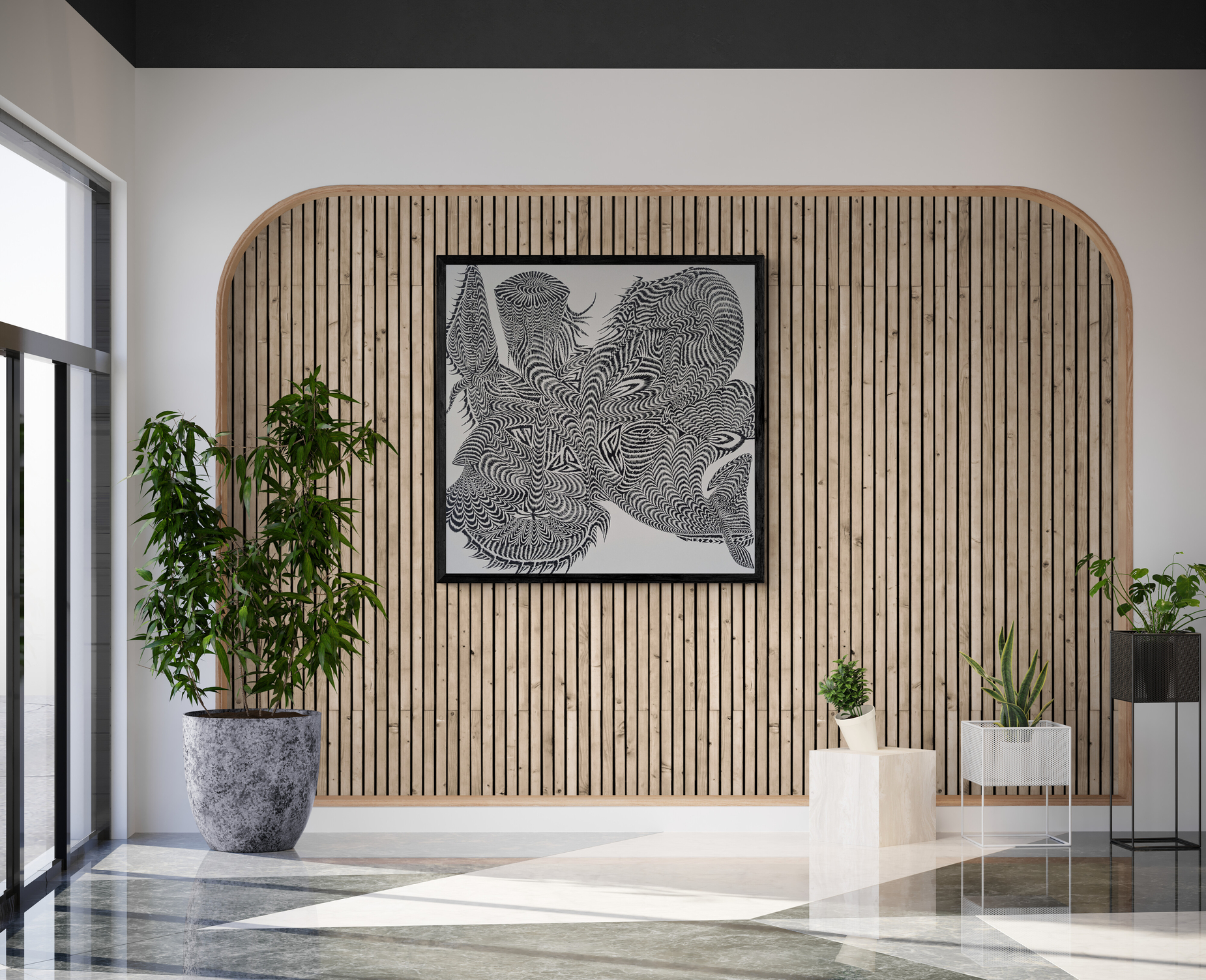 Monumental painting anchoring a marble hotel lobby