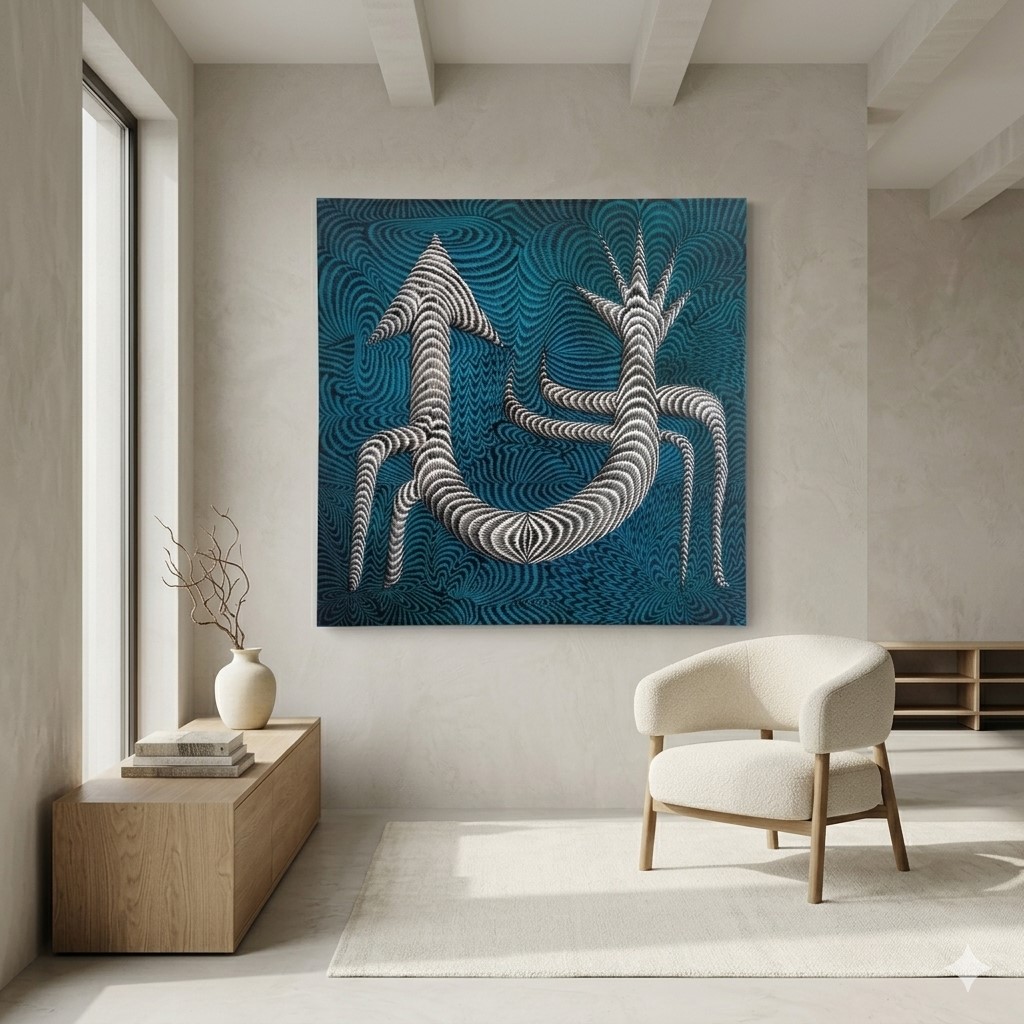 Serene abstract piece above a linen bed in a neutral bedroom